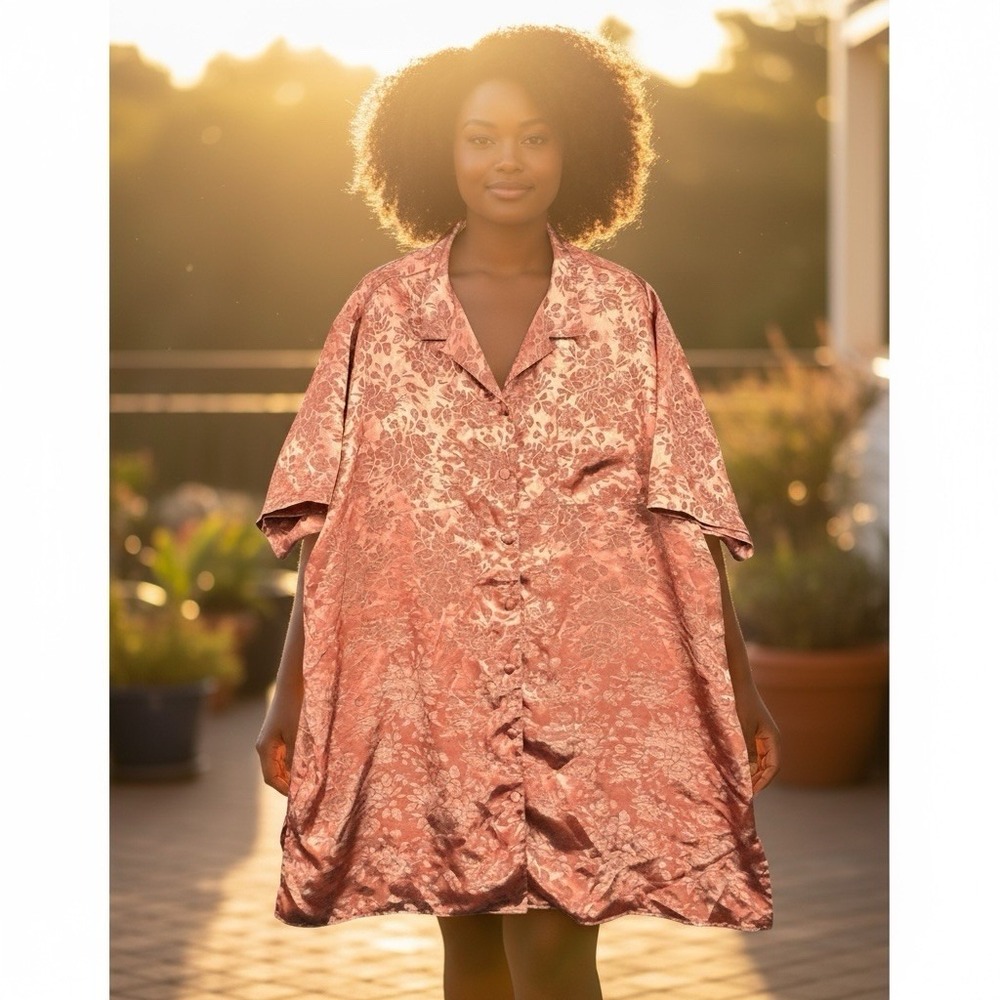 Vintage Intimates Lane Bryant‎ Brown Orange Button Down Satin Nightshirt Dress